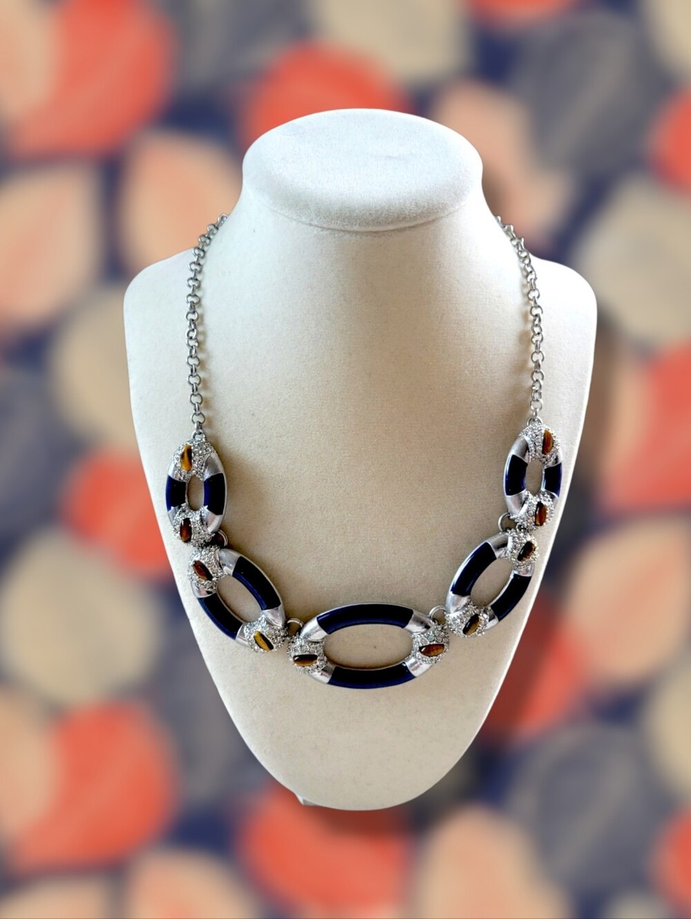 Kiam Family | VTG Silver Tone Navy Tiger Eye Crystal Link Statement Necklace